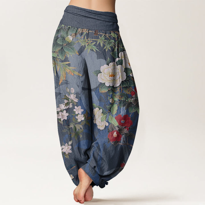 Buddha Stones Baumwoll-Freizeithose mit Pfingstrosenblüten und Blättern, Elster-Motiv, elastischer Bund, Damen-Haremshose - image 9