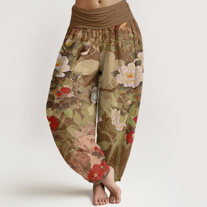 Buddha Stones Baumwoll-Freizeithose mit Pfingstrosenblüten und Blättern, Elster-Motiv, elastischer Bund, Damen-Haremshose - Dunkelgoldenrod - US22, UK/AU26, EU54 (6XL) - image 4
