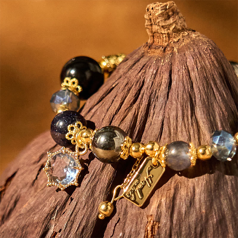 Buddha Stones Armband mit Stärke, natürlicher schwarzer Obsidian, Hämatit und blauem Sandstein