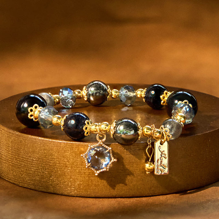 Buddha Stones Armband mit Stärke, natürlicher schwarzer Obsidian, Hämatit und blauem Sandstein