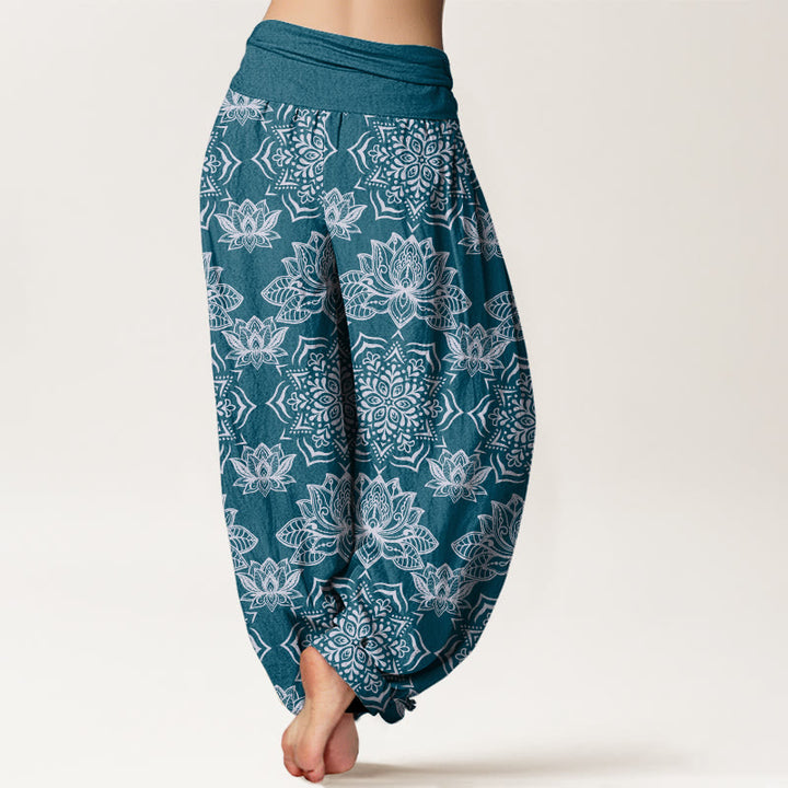 Lässige Haremshose mit Lotus-Mandala-Muster für Damen mit elastischer Taille und Buddha Stones