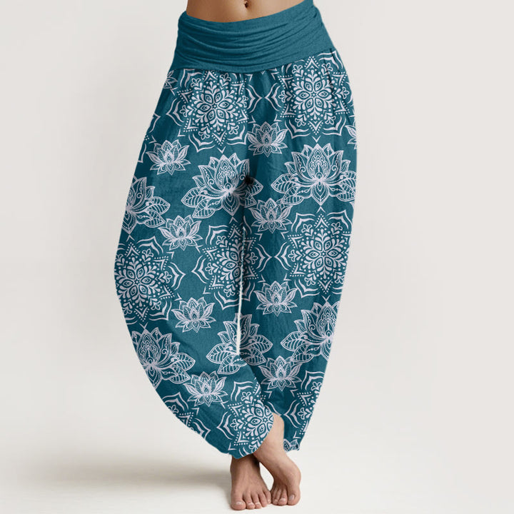 Lässige Haremshose mit Lotus-Mandala-Muster für Damen mit elastischer Taille und Buddha Stones