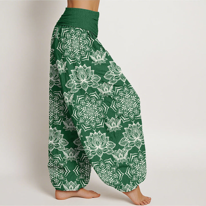 Lässige Haremshose mit Lotus-Mandala-Muster für Damen mit elastischer Taille und Buddha Stones