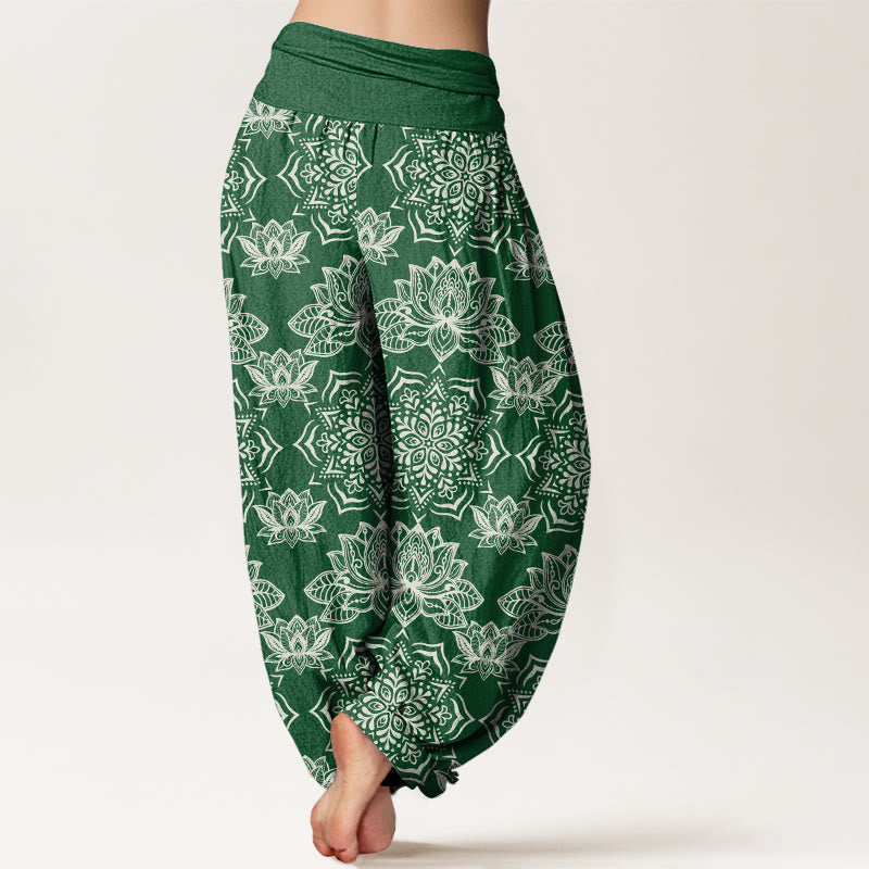 Lässige Haremshose mit Lotus-Mandala-Muster für Damen mit elastischer Taille und Buddha Stones