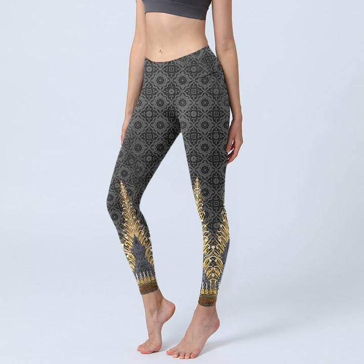 Buddha Stones Dunkelgrau Geometrischer Goldfederdruck Gym Leggings Damen Yogahose