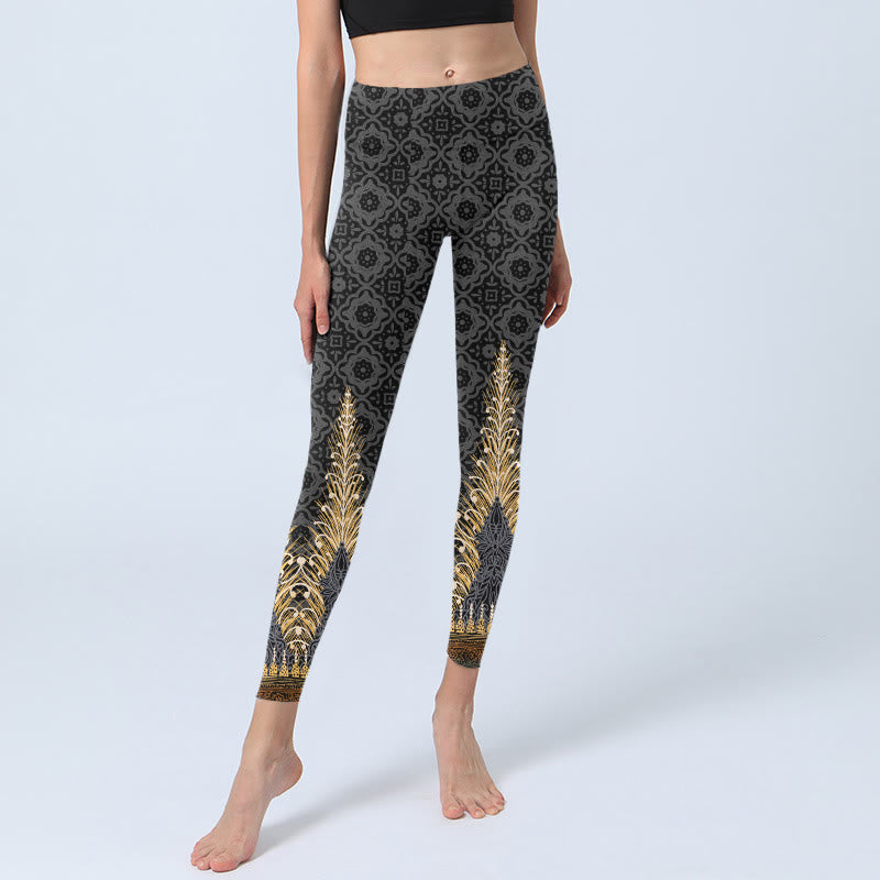 Buddha Stones Dunkelgrau Geometrischer Goldfederdruck Gym Leggings Damen Yogahose