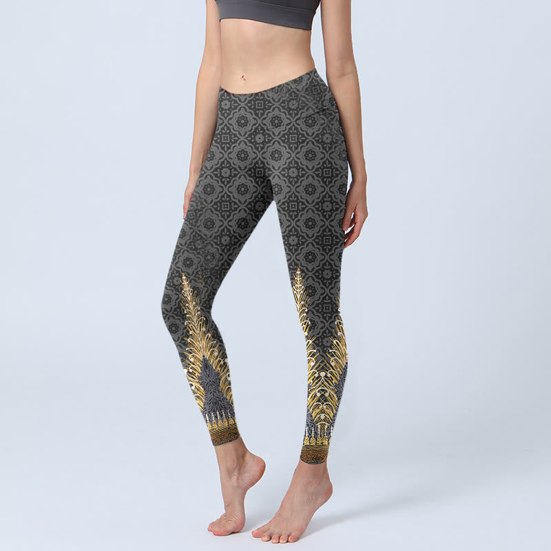 Buddha Stones Dunkelgrau Geometrischer Goldfederdruck Gym Leggings Damen Yogahose - Dunkelgrau - US18， UK/AU22，EU50 (4XL) - image 1