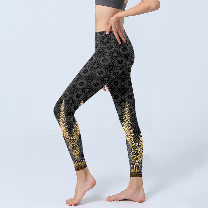 Buddha Stones Dunkelgrau Geometrischer Goldfederdruck Gym Leggings Damen Yogahose