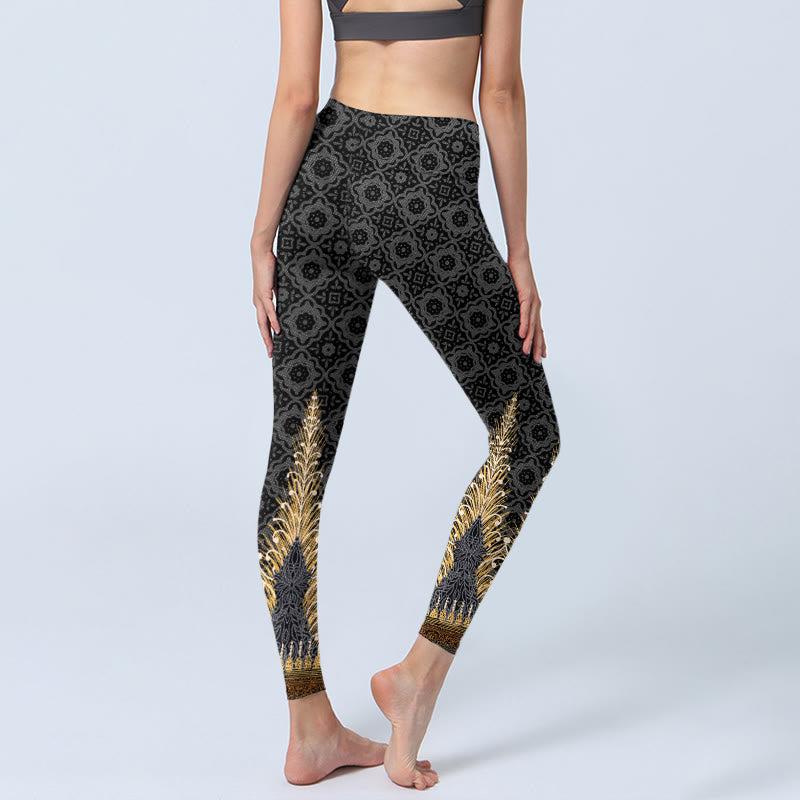 Buddha Stones Dunkelgrau Geometrischer Goldfederdruck Gym Leggings Damen Yogahose