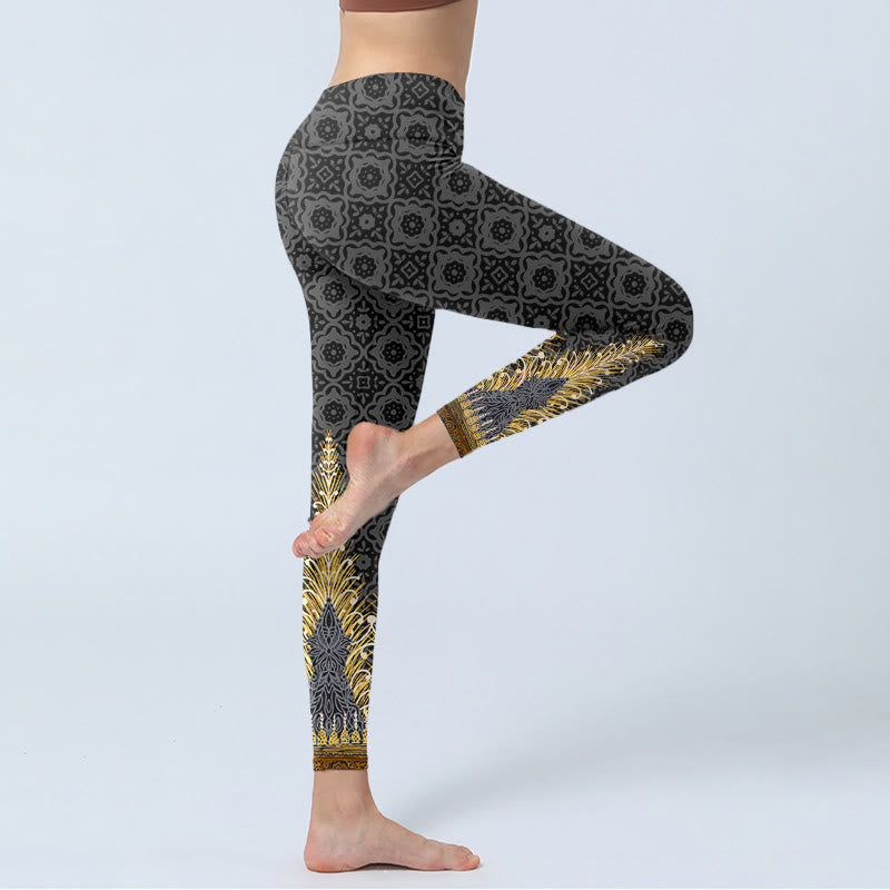 Buddha Stones Dunkelgrau Geometrischer Goldfederdruck Gym Leggings Damen Yogahose