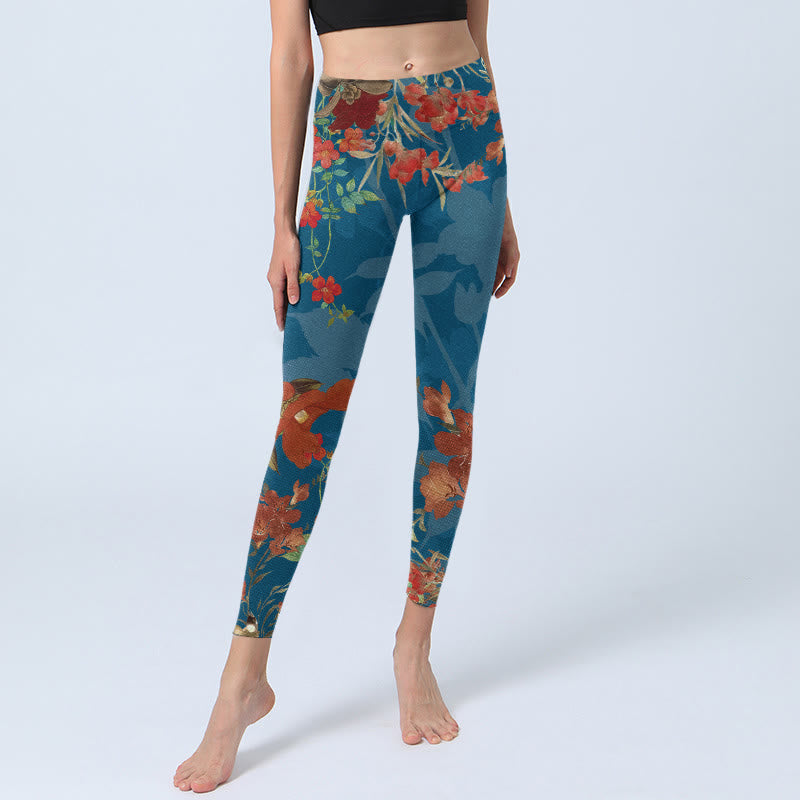 Buddha Stones Blau Rot Blumen Vögel Druck Gym Leggings frauen Yoga Hosen