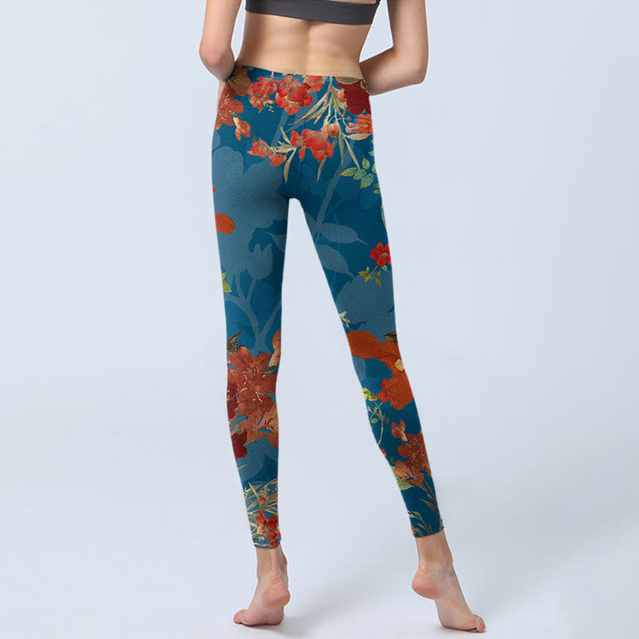 Buddha Stones Blau Rot Blumen Vögel Druck Gym Leggings frauen Yoga Hosen