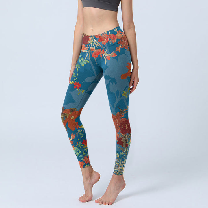 Buddha Stones Blau Rot Blumen Vögel Druck Gym Leggings frauen Yoga Hosen