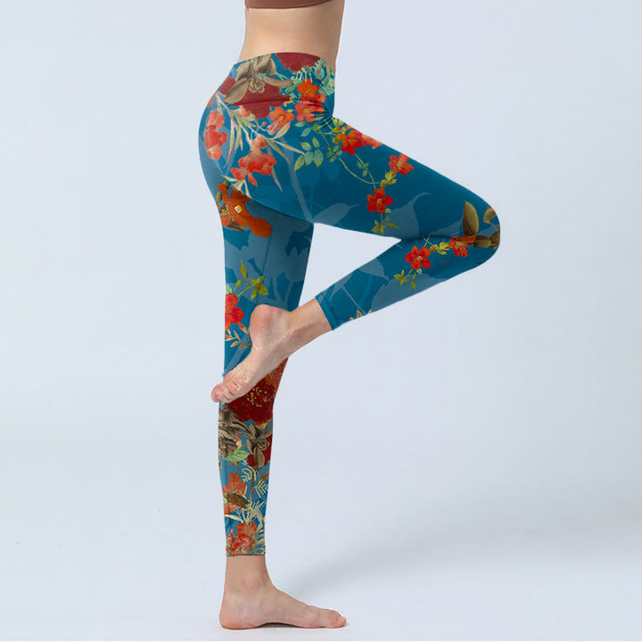 Buddha Stones Blau Rot Blumen Vögel Druck Gym Leggings frauen Yoga Hosen