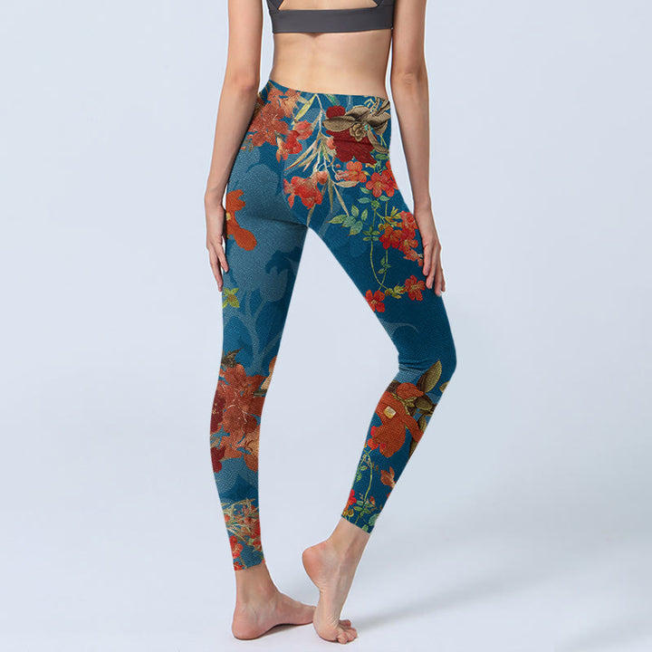 Buddha Stones Blau Rot Blumen Vögel Druck Gym Leggings frauen Yoga Hosen