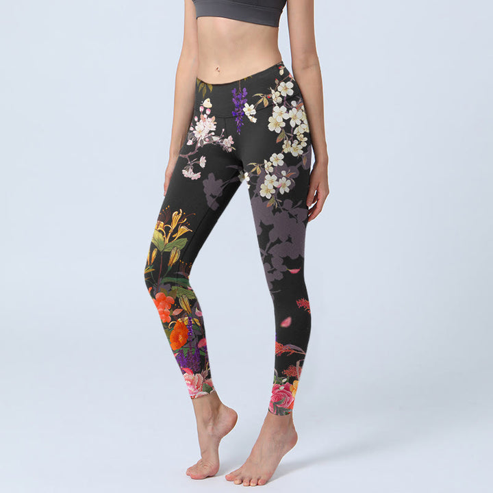 Buddha Stones Schwarze bunte Blumen Druck Gym Leggings Damen Yoga Hose - Schwarz - US18, UK/AU22, EU50 (4XL) - image 0