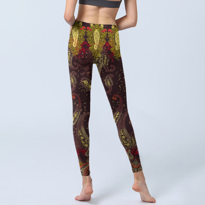 Buddha Stones Rötlich-braune Cashew-Blumenranken-Print Gym Leggings Damen Yogahose