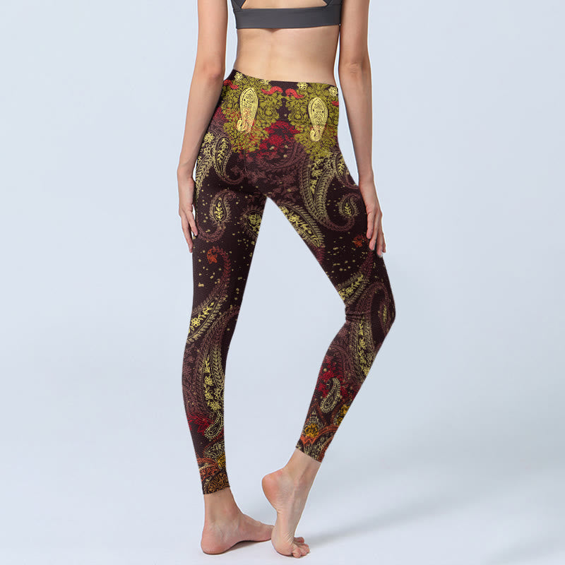 Buddha Stones Rötlich-braune Cashew-Blumenranken-Print Gym Leggings Damen Yogahose