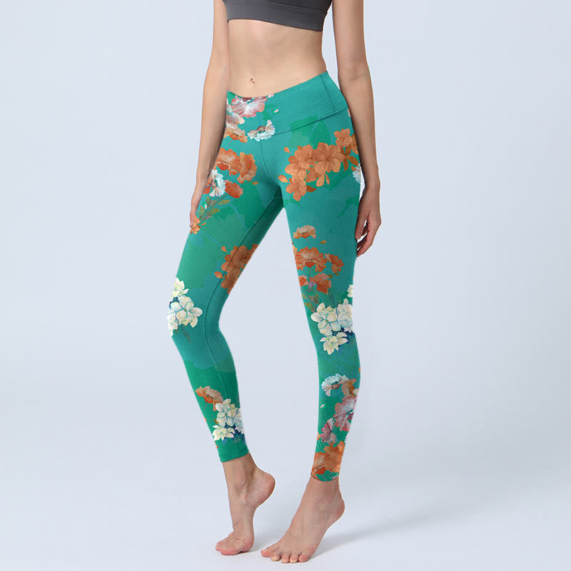 Buddha Stones Grün Orange Beige Blumendruck Gym Leggings Damen Yogahose - Türkis - US18， UK/AU22，EU50 (4XL) - image 1