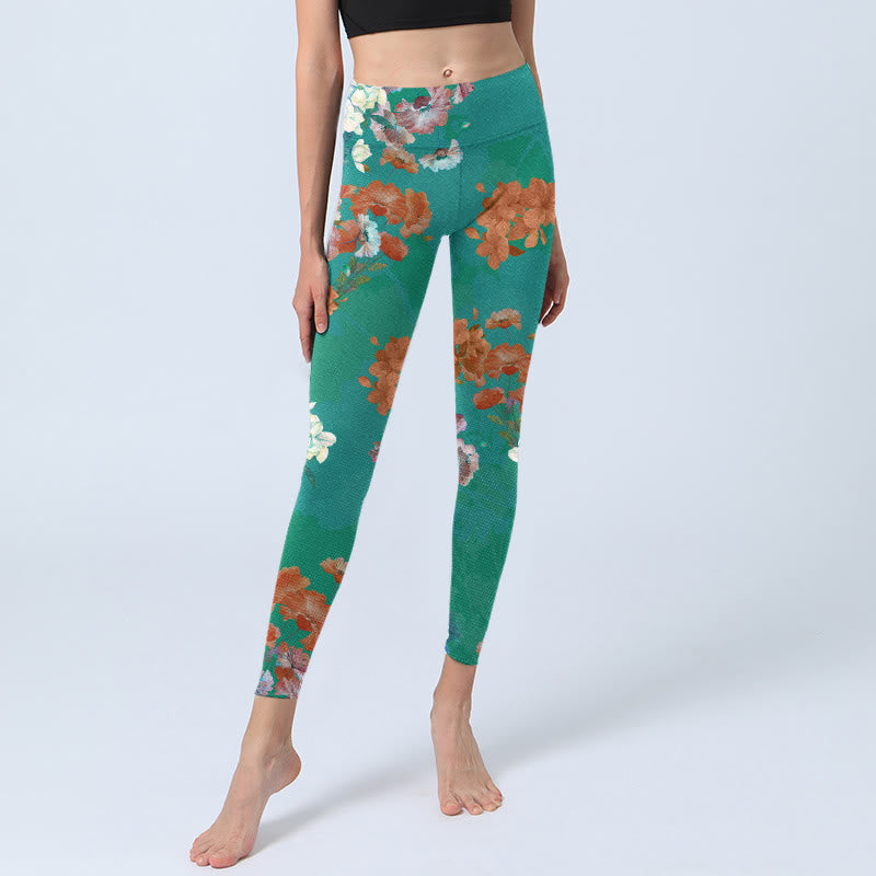 Buddha Stones Grün Orange Beige Blumendruck Gym Leggings Damen Yogahose - image 6