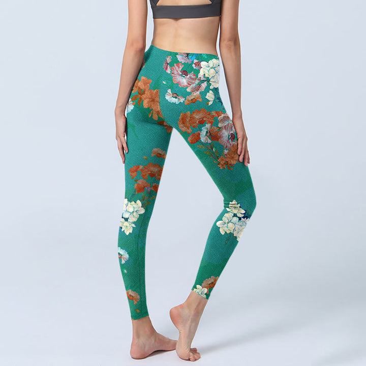 Buddha Stones Grün Orange Beige Blumendruck Gym Leggings Damen Yogahose - image 5