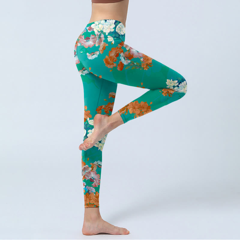 Buddha Stones Grün Orange Beige Blumendruck Gym Leggings Damen Yogahose