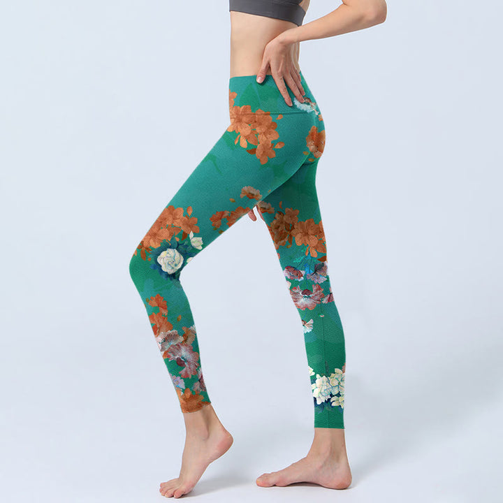 Buddha Stones Grün Orange Beige Blumendruck Gym Leggings Damen Yogahose