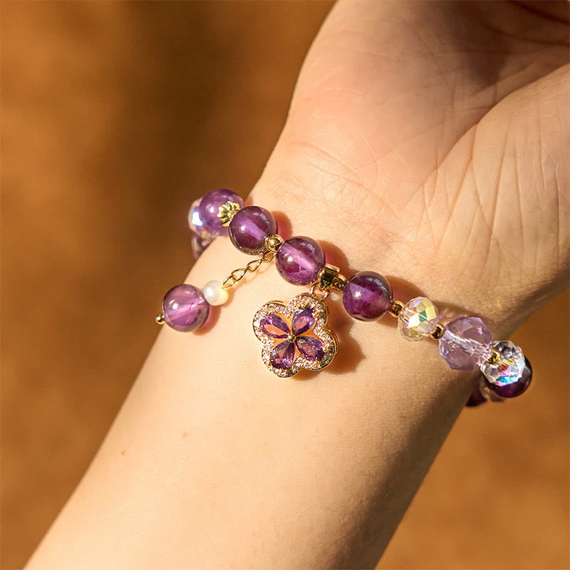 Buddha Stones Natürliches Amethyst-Kristall-Vierblättriges Kleeblatt, spirituelles Heilarmband