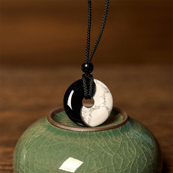 Halskettenanhänger mit Buddha Stones , natürlicher schwarzer Obsidian, weißer Türkis, Yin Yang, Peace-Schnalle, geflochtene Schnur, Stärke