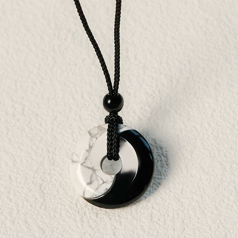 Halskettenanhänger mit Buddha Stones , natürlicher schwarzer Obsidian, weißer Türkis, Yin Yang, Peace-Schnalle, geflochtene Schnur, Stärke