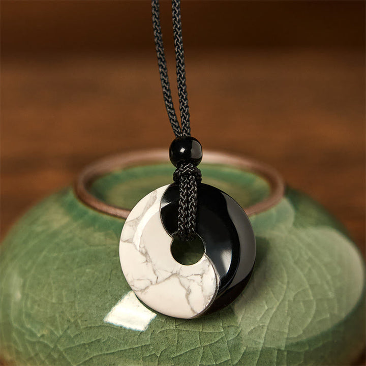 Halskettenanhänger mit Buddha Stones , natürlicher schwarzer Obsidian, weißer Türkis, Yin Yang, Peace-Schnalle, geflochtene Schnur, Stärke