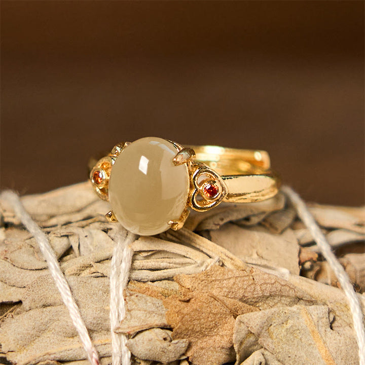 Buddha Stones Natürlicher Hetian Jade Ei Herzförmiger Kupfer Glück Offener Ring - image 1