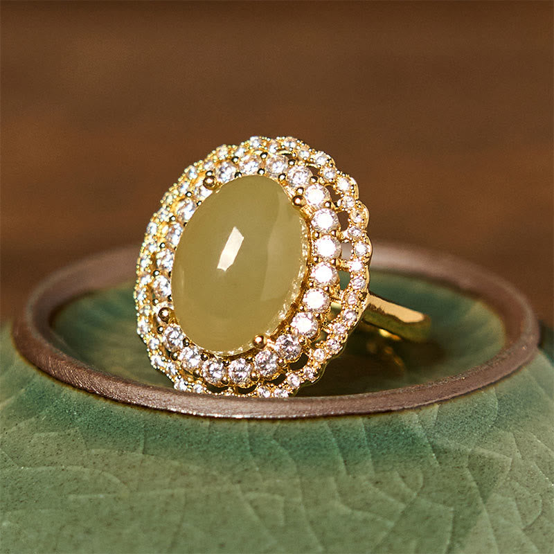 Buddha Stones Natürlicher Hetian Jade Ei Hohl Doppelkreis Zirkonia Kupfer Offener Fülle Ring