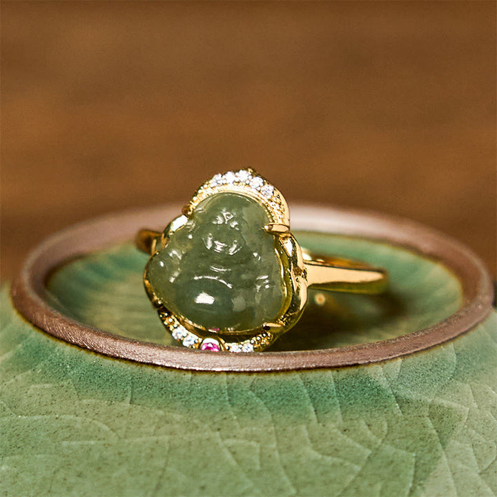 Buddha Stones Natürliche Hetian Jade Ei Kürbis Kupfer Lachender Buddha Offenen Glück Ring