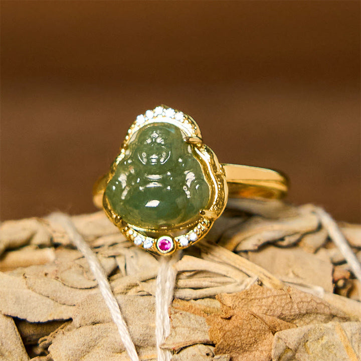 Buddha Stones Natürliche Hetian Jade Ei Kürbis Kupfer Lachender Buddha Offenen Glück Ring