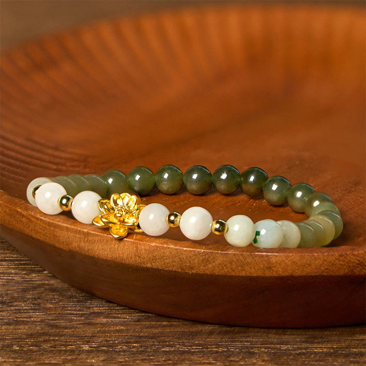 Buddha Stones Armband aus natürlichem Hetian-Jade mit Farbverlauf und Lotusblüte