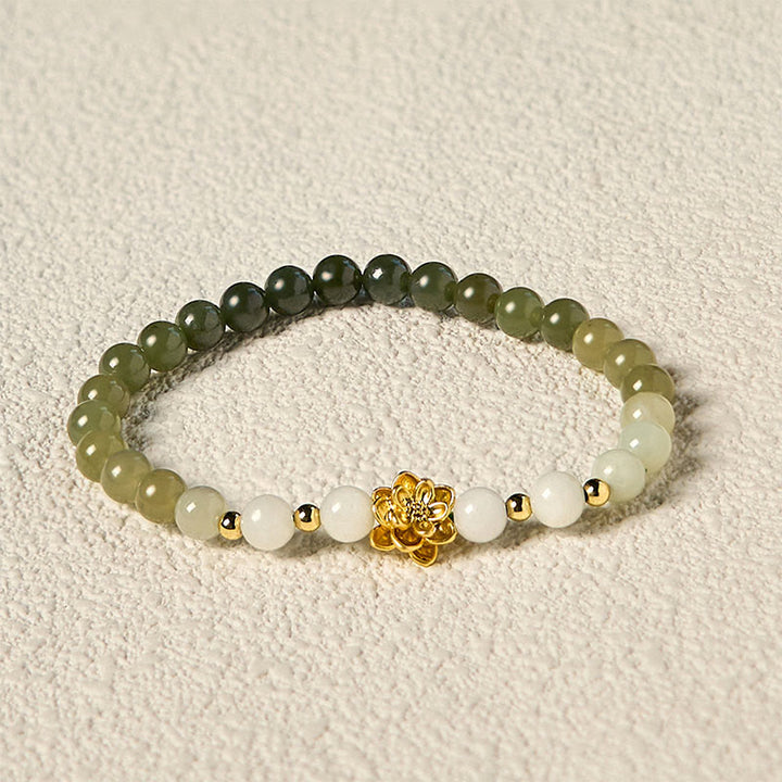 Buddha Stones Armband aus natürlichem Hetian-Jade mit Farbverlauf und Lotusblüte