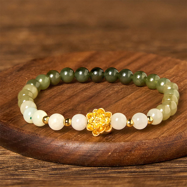 Buddha Stones Armband aus natürlichem Hetian-Jade mit Farbverlauf und Lotusblüte