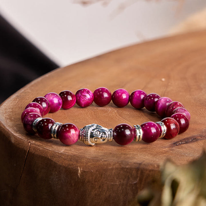 Buddha Stones, blau, grün, rot, Tigerauge, Buddha-Kopf, Balance-Armband