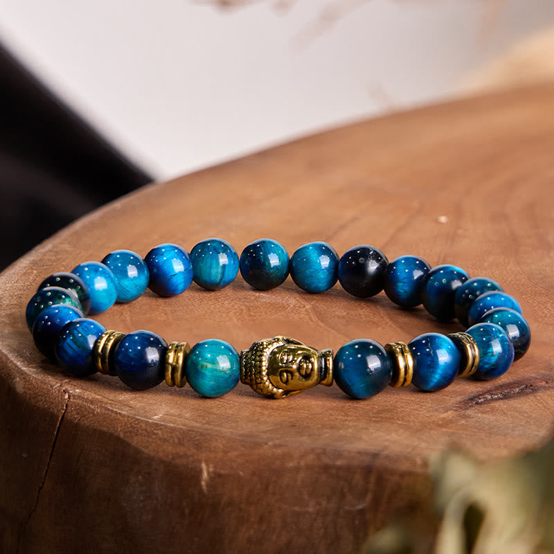 Buddha Stones, blau, grün, rot, Tigerauge, Buddha-Kopf, Balance-Armband