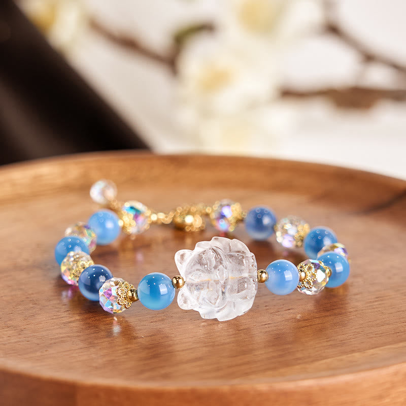 Buddha Stones Natürlicher blauer Bonbon-Achat weißer Kristall Neunschwänziger Fuchs Harmonie Armband