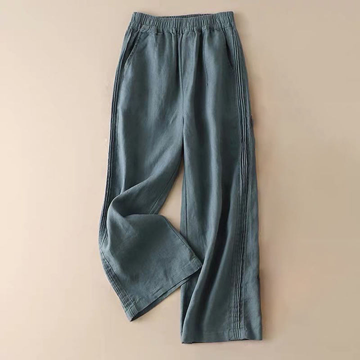 Buddha Stones Lässige, einfarbige, seitliche Faltenhose aus Baumwollleinen für Damen mit weitem Bein und Taschen
