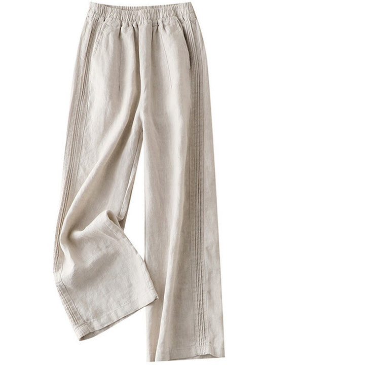 Buddha Stones Lässige, einfarbige, seitliche Faltenhose aus Baumwollleinen für Damen mit weitem Bein und Taschen