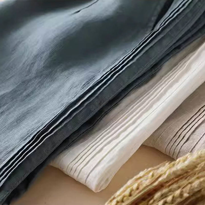 Buddha Stones Lässige, einfarbige, seitliche Faltenhose aus Baumwollleinen für Damen mit weitem Bein und Taschen - image 1