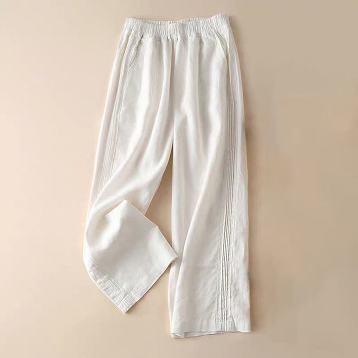 Buddha Stones Lässige, einfarbige, seitliche Faltenhose aus Baumwollleinen für Damen mit weitem Bein und Taschen