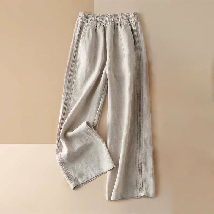 Buddha Stones Lässige, einfarbige, seitliche Faltenhose aus Baumwollleinen für Damen mit weitem Bein und Taschen