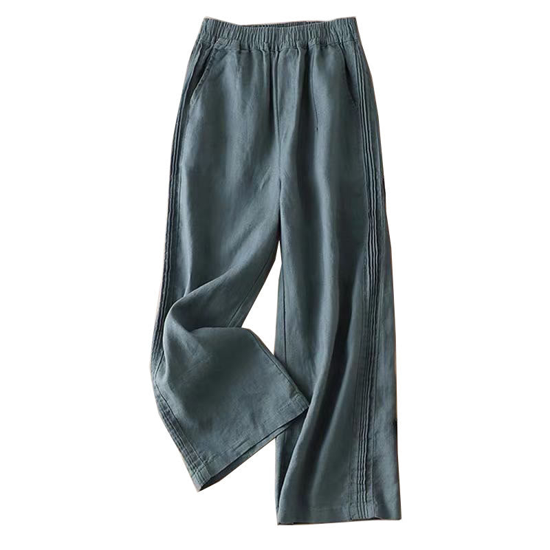 Buddha Stones Lässige, einfarbige, seitliche Faltenhose aus Baumwollleinen für Damen mit weitem Bein und Taschen