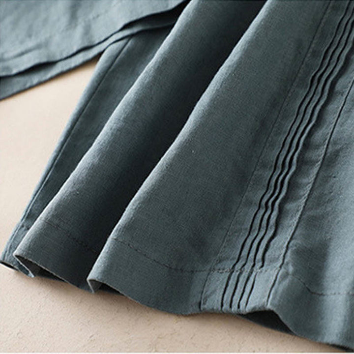 Buddha Stones Lässige, einfarbige, seitliche Faltenhose aus Baumwollleinen für Damen mit weitem Bein und Taschen - image 10