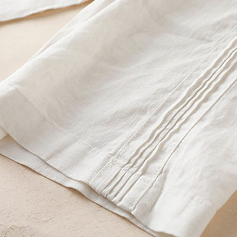 Buddha Stones Lässige, einfarbige, seitliche Faltenhose aus Baumwollleinen für Damen mit weitem Bein und Taschen - image 16