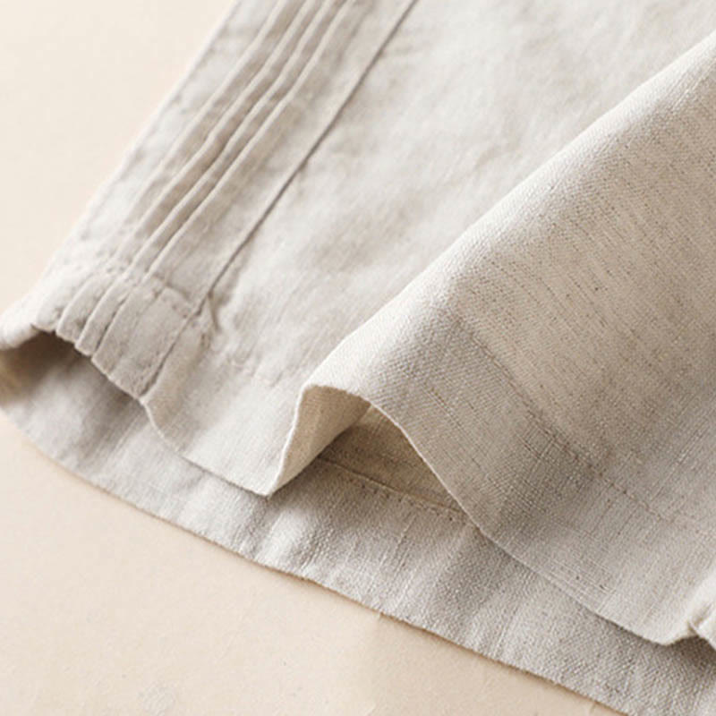 Buddha Stones Lässige, einfarbige, seitliche Faltenhose aus Baumwollleinen für Damen mit weitem Bein und Taschen - image 5